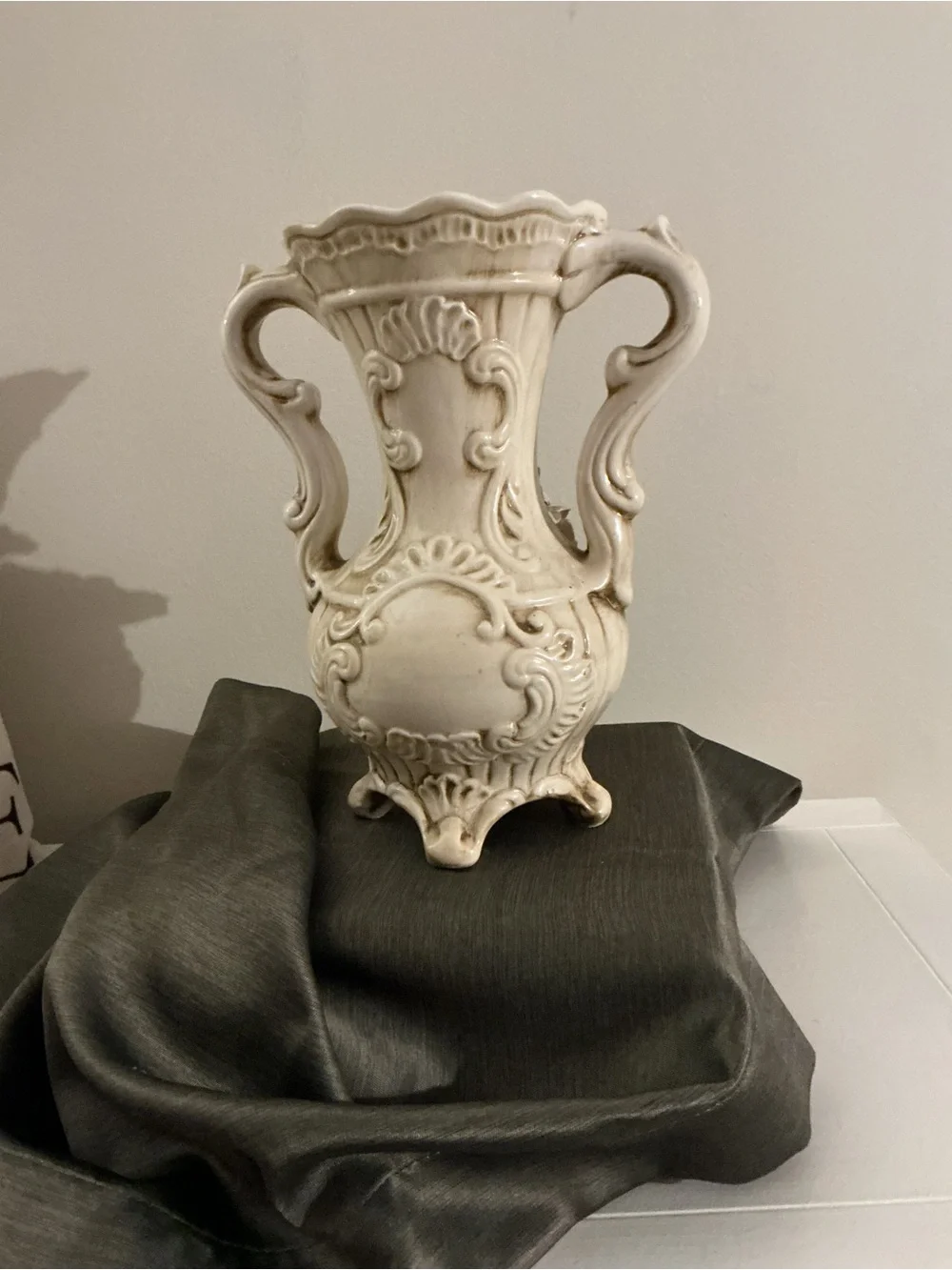 Ornate Cream Porcelain Vase with Pink Rose Accent